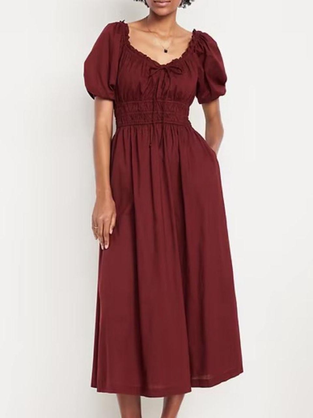 Smocked Waist Puff Sleeve Midi Dress in Wine